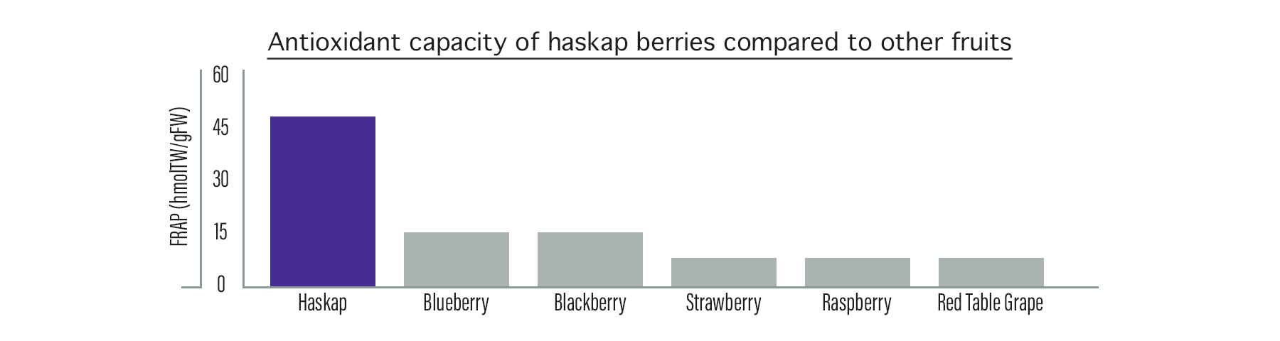 Antioxidant_bar_graph - capacity of haskap berries compared to other fruits, such as blueberry, blackberry, strawberry, raspberry, and red grapes