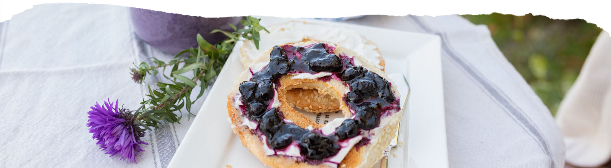 haskap berry preserve bagel with cheese on a square white plate