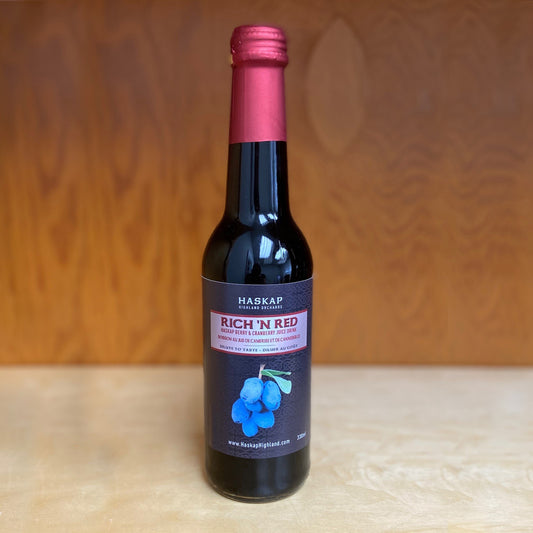 Haskap Highland Orchards - Haskap Berry Juice Drink with Cranberries in a wine bottle