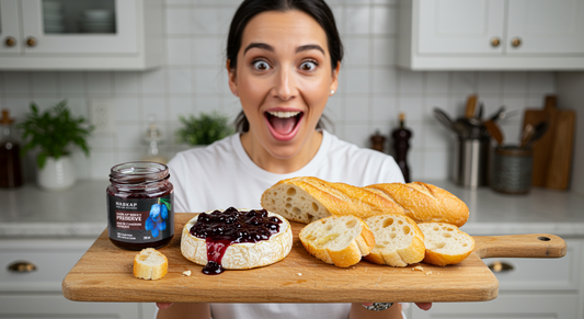 Person looking excited and surprised with a cheeseboard and Haskap preserve with freshly sliced bread