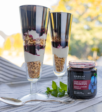 Healthy sundaes packed with antioxidant-rich haskap berry preserve from Haskap Highland Orchards